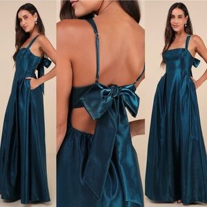 Lulus Aura Shiny Dark Teal Taffeta Maxi Dress With Pockets size medium